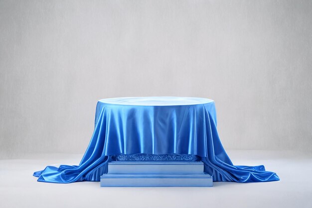 A blue table cloth is draped over a table with a blue cloth.