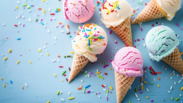 Photo a blue table has ice cream cones on it and the word ice cream on it