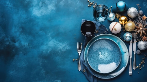 A blue table setting with a plate and a fork and a glass of wine.