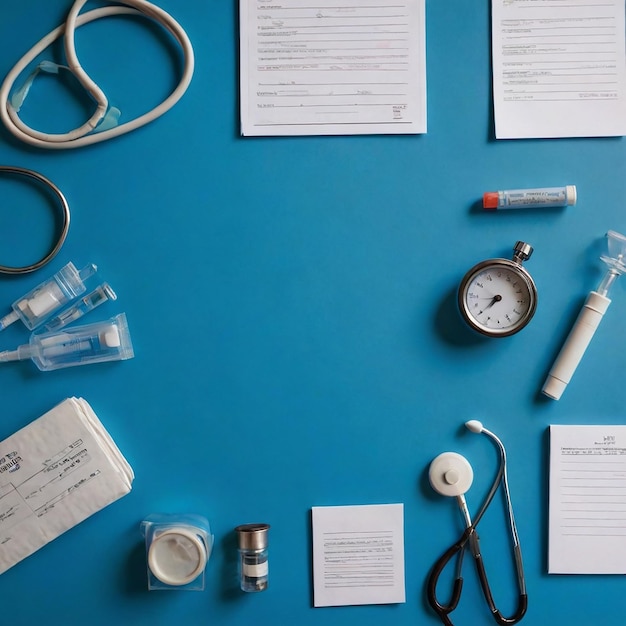 Blue table with a blue background with a set of medical supplies