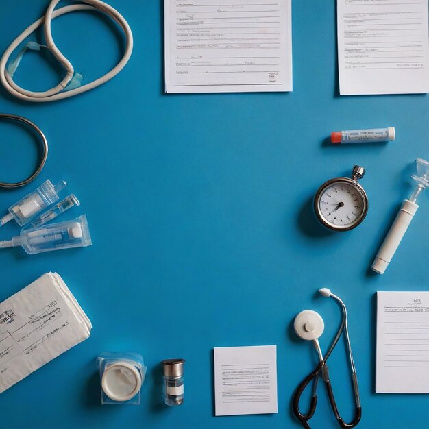 Photo blue table with a blue background with a set of medical supplies