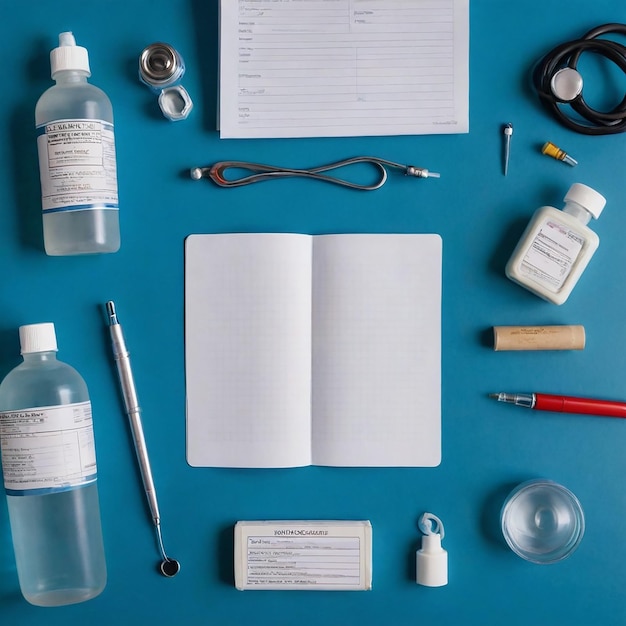 Blue table with a blue background with a set of medical supplies