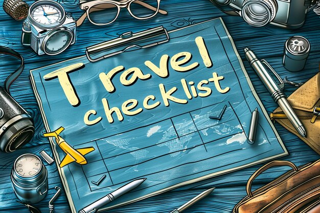 a blue table with a blue board that says travel checklist