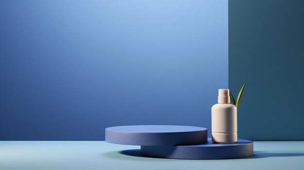 a blue table with a bottle of shampoo on it