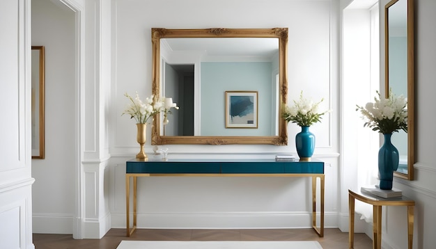 a blue table with flowers and a mirror on it