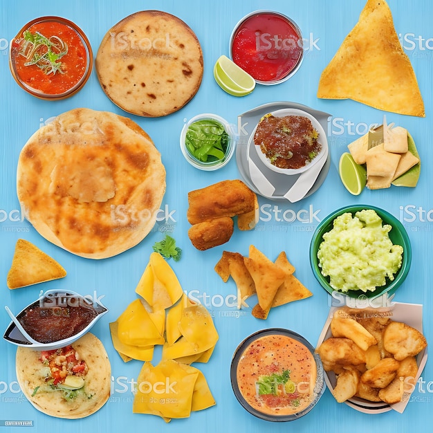 Photo a blue table with food and a sign that saysfoodon it