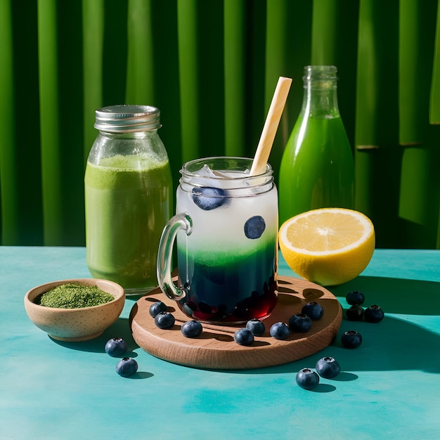 a blue table with a jar of juice a lemon and a lemon