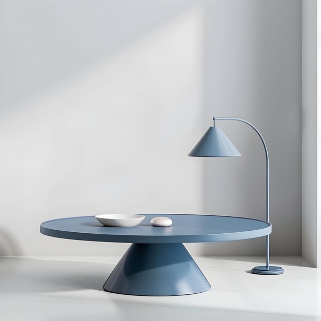 Photo a blue table with a lamp and a white bowl on it