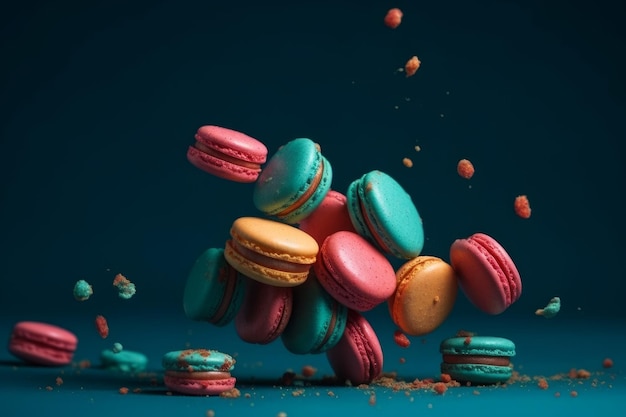 A blue table with macaroons and red, green and blue macaroons.