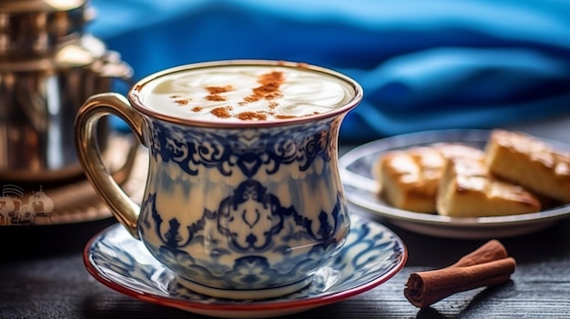 A blue table with milk tea from Burma GENERATE AI