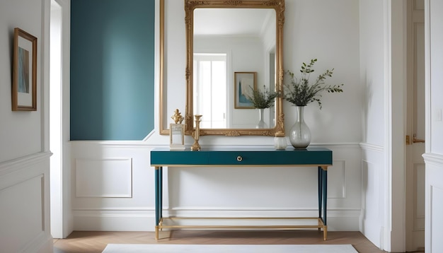 a blue table with a mirror on it and a vase with flowers in it