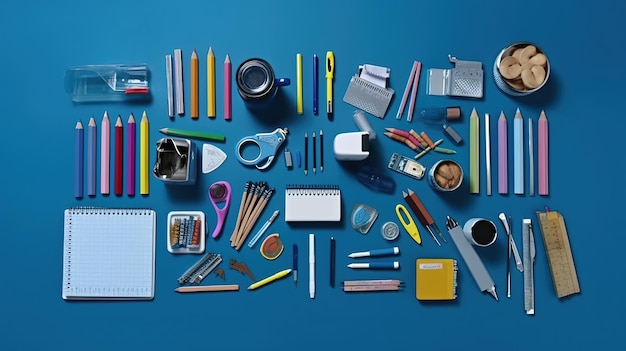 A blue table with a notebook, pens, and other items including a pen, a notebook, a pen, and a notebook.