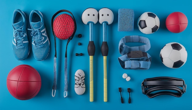 Photo a blue table with soccer balls soccer balls and a soccer ball