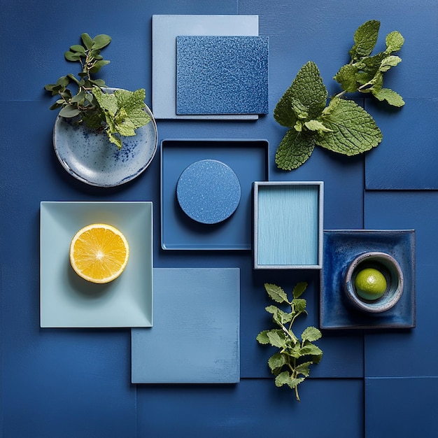 a blue table with a vase with oranges and a candle on it