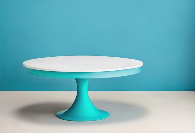 A blue table with a white base and a blue background.