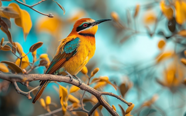 Blue Tailed Bee Eater Perched on a Branch With Yellow Leaves