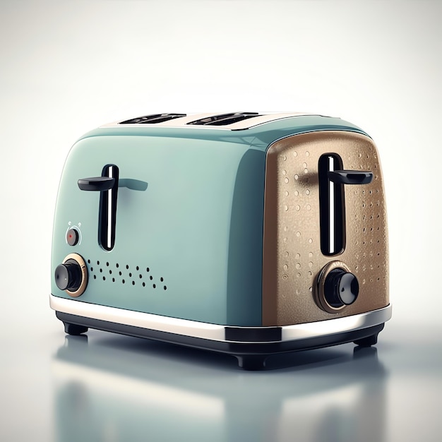 A blue and tan toaster with the number 2 on it.