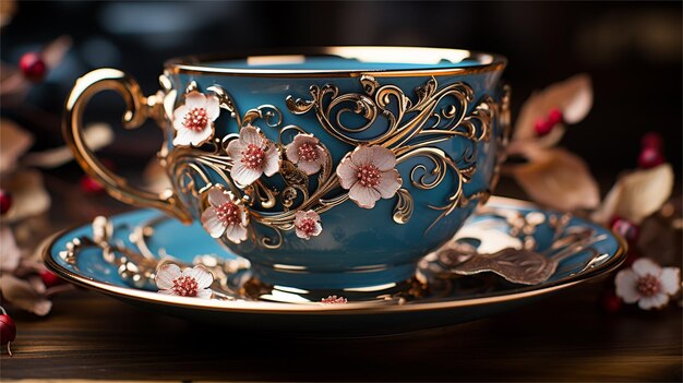 Photo a blue tea cup with a floral design on it sits on a saucer