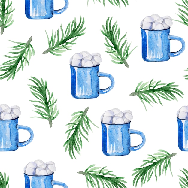 Blue teacup with marshmallows among fir branches watercolor seamless pattern