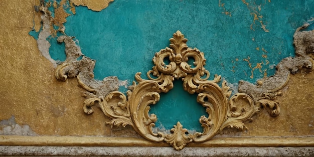 Blue teal and gold texture of decayed teared weathered stone wall Rococo elements on decayed grunge textured wallpaper