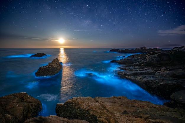 Photo blue tears noctiluca under the starry sky and moon photographed in matsu taiwan