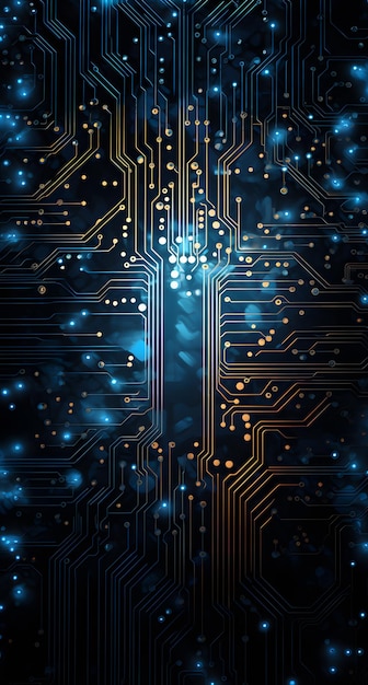 Blue technology circuit board on the dark background illustration in the style of mary bradish titc