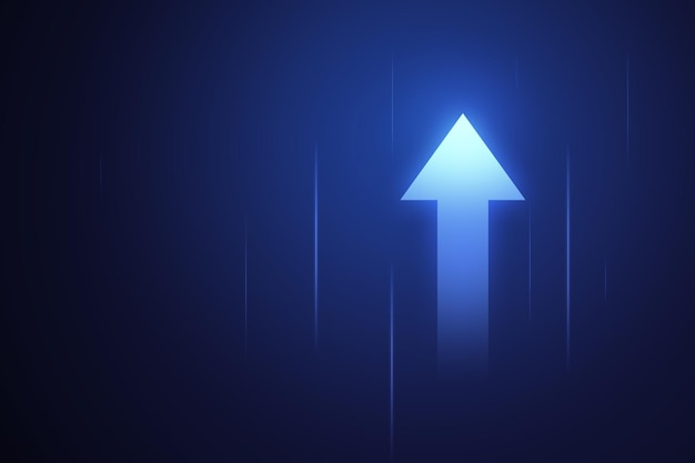 Blue technology up arrow symbol on direction icon background with growth business development concept or success sign increase economy finance price and marketing money progress navigation forward