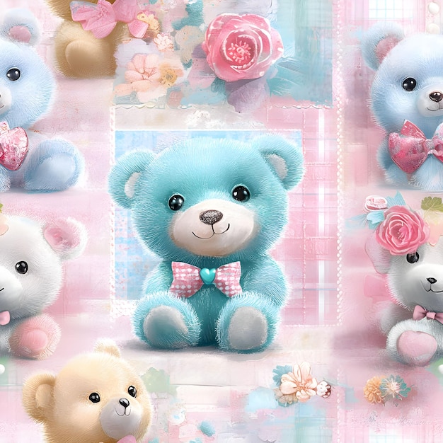 Photo a blue teddy bear with pink flowers on it