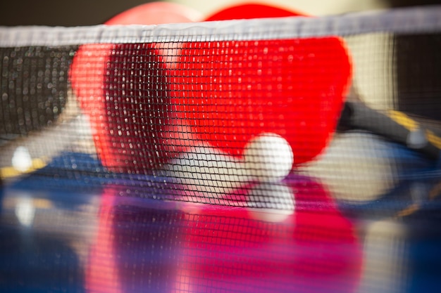 blue tennis table with two rackets, white net ball