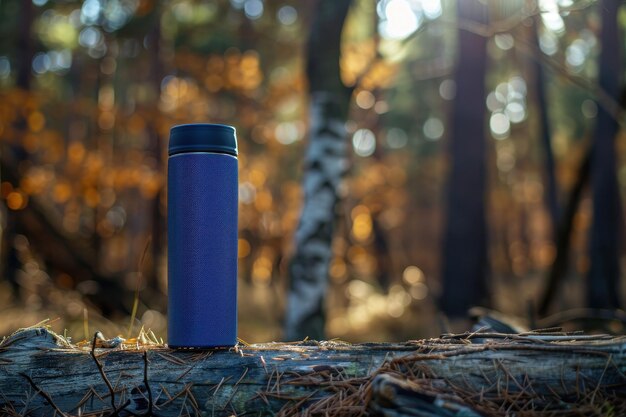 Photo blue thermos on log in forest reusable camping flask concept of hiking and camping outdoors