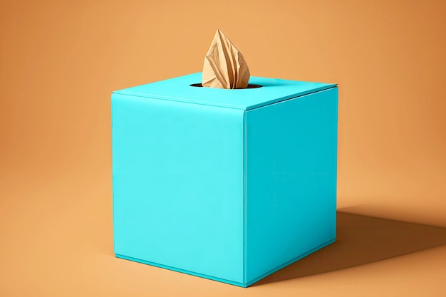 Blue tissue box with beige napkin on beige background