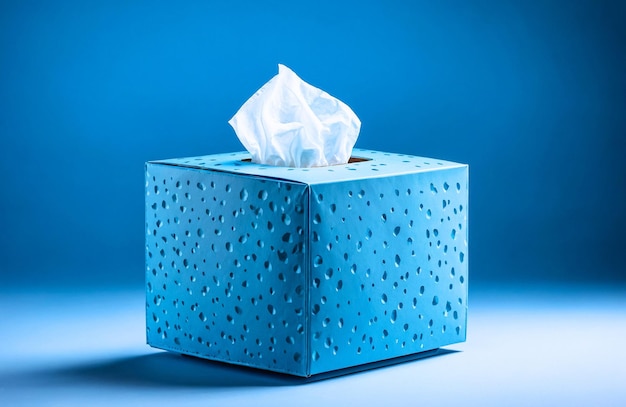 Blue tissue box with dot pattern on blue background