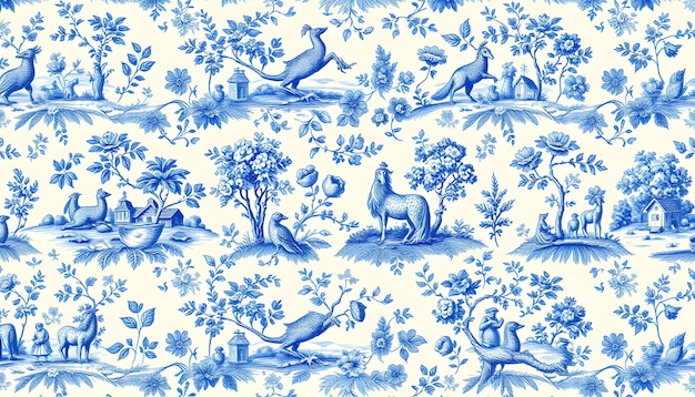 Photo blue toile pattern featuring intricate pastoral scenes and floral motifs blue toile seamless