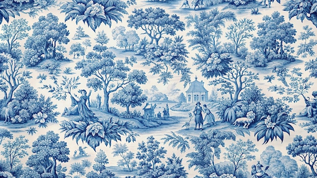 Photo blue toile pattern with intricate pastoral scenes and floral motifs reminiscent of vintage design blue toile seamless