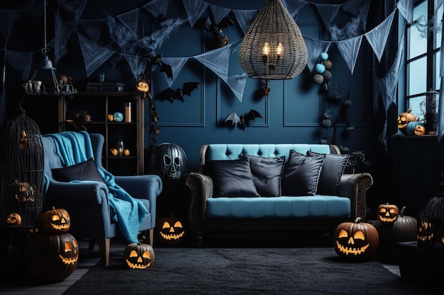 Blue toned living room interior with Halloween decorations Background for Halloween