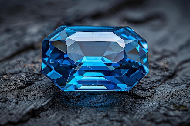 A blue topaz gemstone in an emerald cut resting on dark grey wood the background is black and the