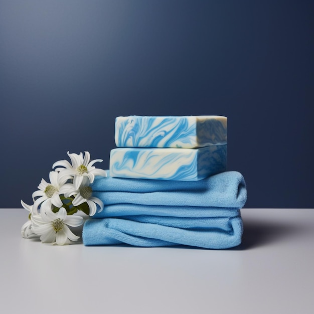 Blue towels with white flowers and one that says " soap " on it.