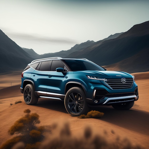 A blue toyota suv is driving through a desert.