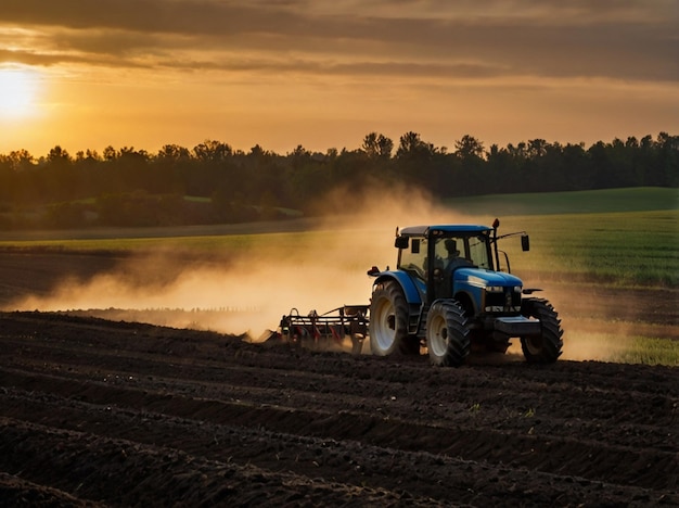 a blue tractor is driving through the field at sunset