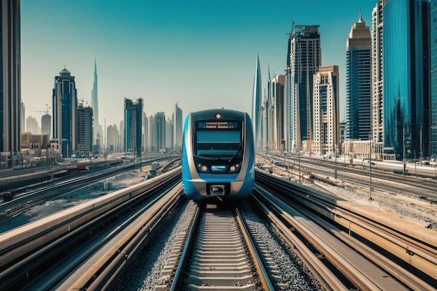 Photo blue train on elevated tracks in a modern cityscape