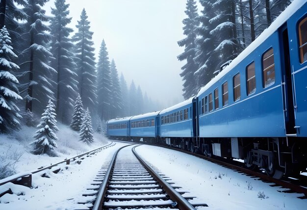 Photo a blue train is on the tracks in the snow