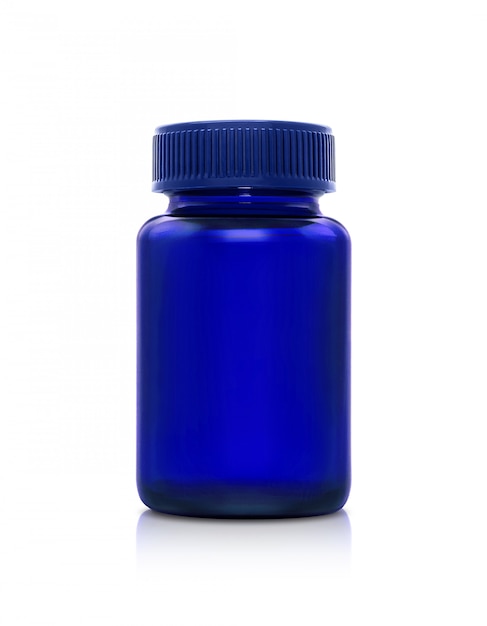 Blue transparent glass supplement product bottle