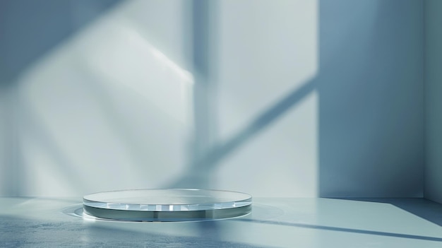 Blue transparent platform on a glass stage featuring light and crystal elements for a clean product