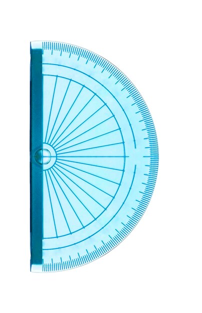 Photo blue transparent protractor isolated on white