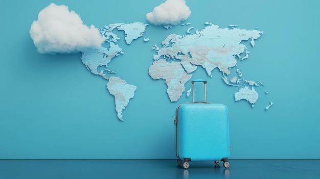 Blue Travel Luggage with World Map Background and Floating Clouds