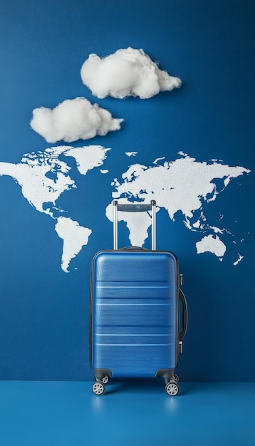 Blue Travel Luggage with World Map Background and Floating Clouds