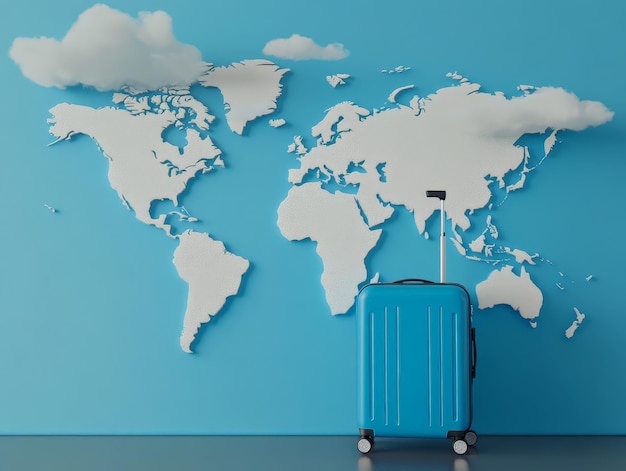 Blue Travel Luggage with World Map Background and Floating Clouds