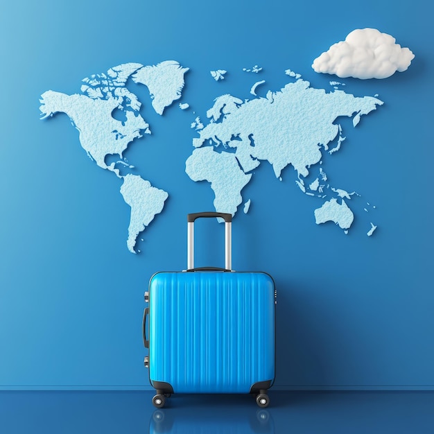 Blue Travel Luggage with World Map Background and Floating Clouds