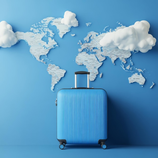 Blue Travel Luggage with World Map Background and Floating Clouds