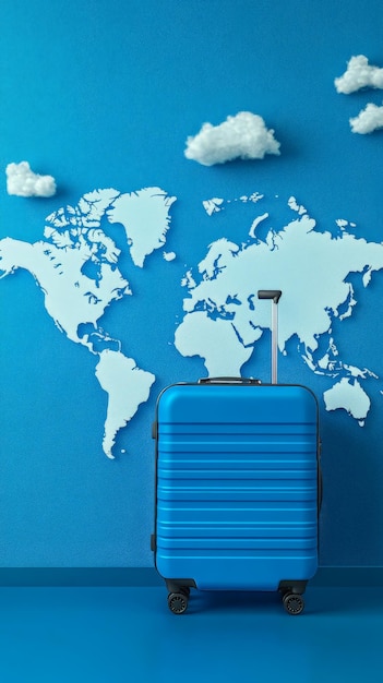 Blue Travel Luggage with World Map Background and Floating Clouds